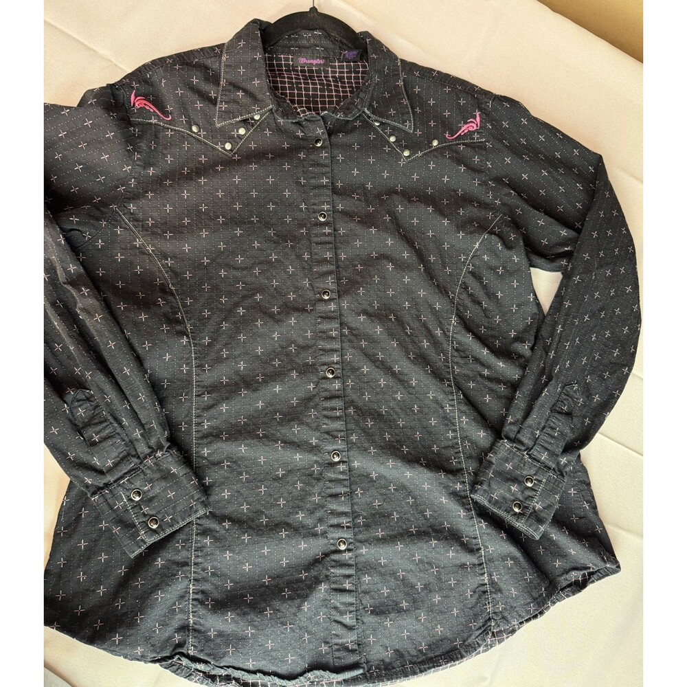 Wrangler Black Long Sleeve Shirt Pink Embroidery Sz XL Pearl Snap Womens Western